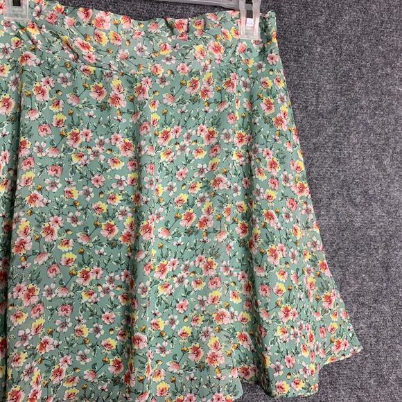 Poof Floral Mini Skater’s Skirt Women M Green Pink Lined Chiffon Pull On - Picture 3 of 9